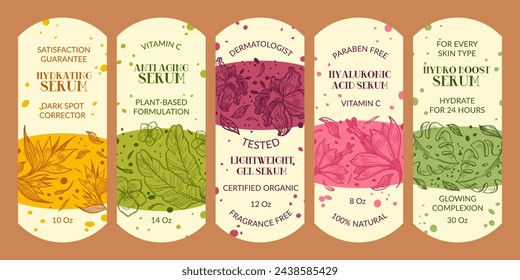 Packaging label design set for serum product. Skin treatment formula at lightweight gel emblem collection, vector illustration. Dark spot corrector cosmetic badge with hand drawn plant elements