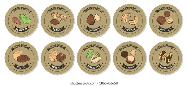 Packaging label for nuts. Vector set of round stickers. Craft paper, sketch colored illustrations of different nuts. 12 different nut stickers and labels Organic product and Nut name.