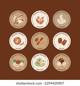 Packaging label for nuts. Vector set of round stickers. Craft paper, sketch colored illustrations of different nuts. 9 different nut stickers and labels Organic product and Nut name.