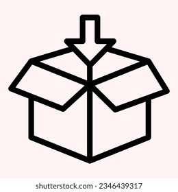 Icono de línea de empaque. Parcela abierta con flecha, carga, caja de papel. Concepto de diseño de vectores de servicio postal, pictograma de estilo de contorno sobre uso blanco para y aplicación. Eps 10.