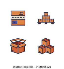 Packaging line icon set. Cardboard boxes, containers, pallets for cargo transportation. Delivery service concept. Vector illustration for web design and apps