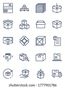 Packaging line icons set. Cardboard boxes, open parcels, containers with fragile or side up symbols. Vector illustrations for export, cargo, delivery, shipping concepts