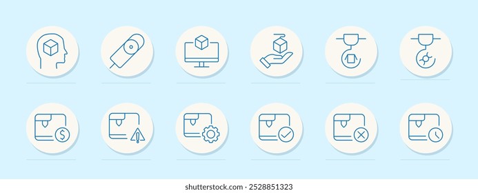 Conjunto de iconos de embalaje y logística. Caja en mente, escáner de código de barras, caja en pantalla, paquete de mano, paquete con red, pago, símbolo de precaución