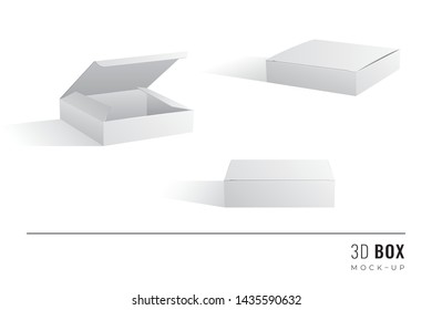 Packaging Low Height Flat Box 3D Mockups Set of Isometric Open Closed and Frontal View Blank Templates - White Realistic Boxes with Shadows on Similar Background - Vector Gradient Graphic Design