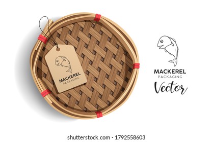 Packaging mackerel basket, product realistic design with label logo fish isolated on white background, Eps 10 vector illustration