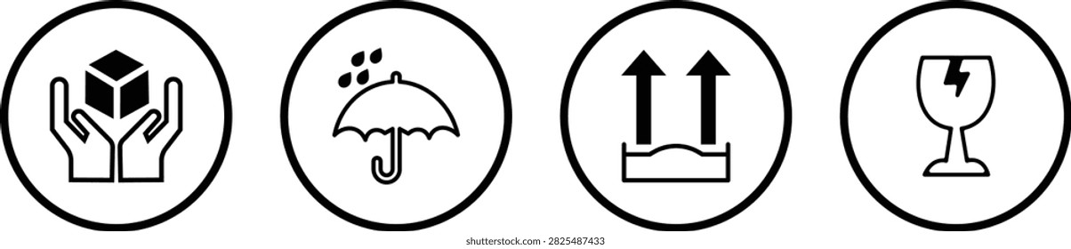 Packaging mark icon set, Cargo shipping symbols keep dry umbrella recycle max stacking. Square frame logistics icons vector illustration. Delivery box symbols set