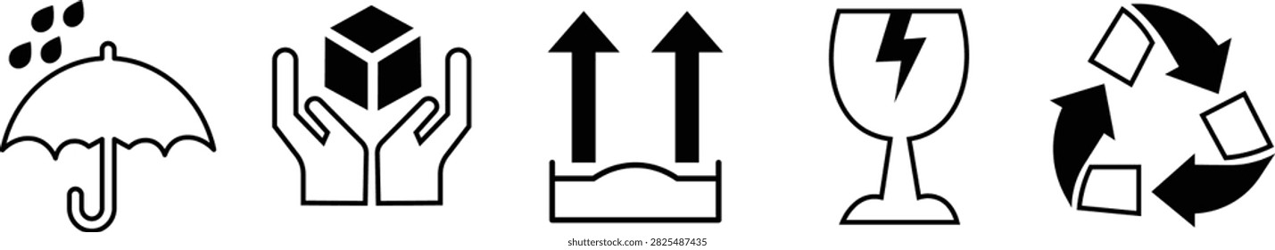 Packaging mark icon set, Cargo shipping symbols keep dry umbrella recycle max stacking. Square frame logistics icons vector illustration. Delivery box symbols set
