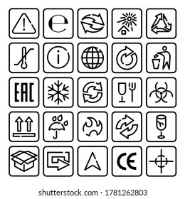 Packaging marks set. Recycling symbols for cardboard and plastic pack, fragile glass and umbrella signs for carton box. Vector illustrations for delivery, logistics, shipping concepts