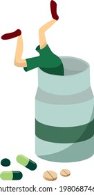 Verpackung mit Arzneimitteln. Der Mann griff in eine Tube Pillen. Arzneimittel und Arzneimittel, Arzneimittelabhängigkeit. Vektorgrafik.