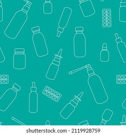 Packaging for medicines in a pandemic. Seamless vector pattern of linear bottles, potions, sprays, tablets, vitamins, antibiotics isolated on a green background. Design for packaging, poster, blog.