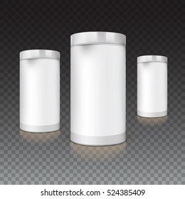 Packaging with metal cover for the presentation of the product on trasparent background. Vector mock-up for your design.