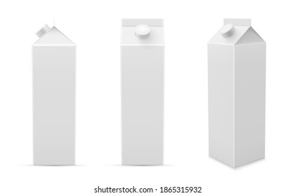 Packaging for milk or juice carton mock ups set for your branding. High paper boxes with lids for summer drinks, beverages, dairy products. Front, side, three quater view. Vector isolated collection.