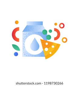 Packaging of milk and piece of cheese, dairy products vector Illustration on a white background