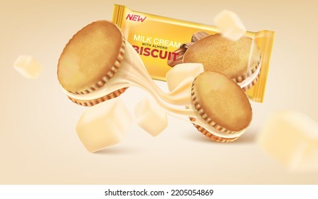 Packaging mock up of Milk cream cookies in the middle isolated on solid color background. Vector realistic in 3d illustration.