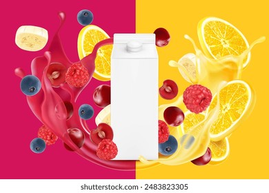 Packaging mock up mixed berries and lemonade smoothies fruit splashing of Tropical fruits isolated on solid background. Vector in 3D illustrations.