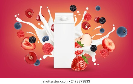 Packaging mock up mixed berries
smoothies fruit splashing of Tropical fruits isolated on solid background. Vector in 3D illustrations.