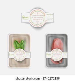 Verpackungen verspotten Gemüse und Fleisch. Verpackungs-Etiketten für Gemüse und Fleisch.