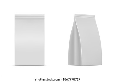 Mockup de embalaje aislado sobre fondo blanco. Paquete de producto 3d realista con ziplock. Objeto de paquete de almacenamiento de cierre. Plantilla de contenedor de alimentos. Diseño de bolsa cerrada. Ilustración vectorial.