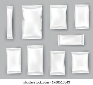 Packaging mockups or pouchs template set. Realistic glossy blank of doy pack, chip snacks, candy pack or cosmetic products package. Plastic packs template ready for branding