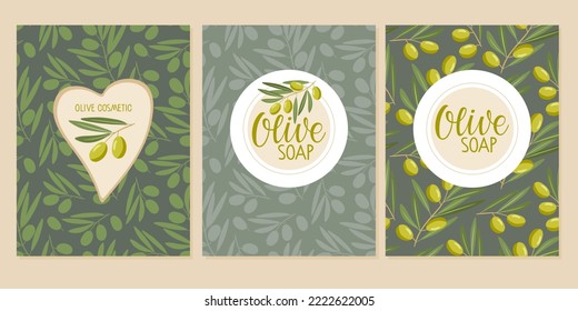 Diseño de cosméticos de Oliva. Patrones sin mar con ramas y etiquetas de olivos. Ilustración vectorial plana repetida para cosméticos orgánicos naturales. Conjunto de patrones sin soldadura Olive dibujado a mano.