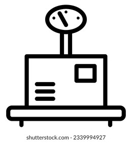 Die Verpackung auf der Waage-Linie Symbol, Liefersymbol, Waage-skala mit Kastenvektorzeichen auf weißem Hintergrund, Paketgewicht-Lagersymbol im Umriss-Stil für Handy und Web. Vektorgrafik