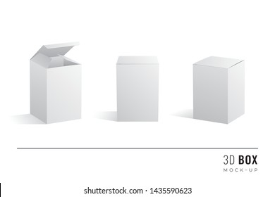 Packaging One and Half Height Box 3D Mockups Set of Isometric Open Closed and Frontal View Blank Templates -  White Realistic Boxes with Shadows on Similar Background - Vector Gradient Graphic Design