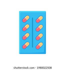 Packaging of oval and round tablets, capsules of different colors.
Medicine and healthcare concept. Vector illustration. Isolated over white background. Cartoon style