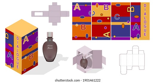 Packaging Perfume Template. Glass Fragrance Protective Mock-up Beauty Care Design, Bottle Cap and Pump, Die-stamping,  Folding, Ready for use, Vector Illustration.