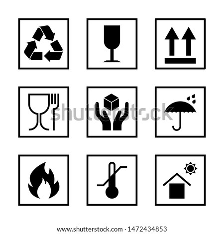 Packaging pictogram set isolated on white background. Packing icon collection including fragile, recycle, right side up, keep dry, CE marking and other signs. For box, design, infographic