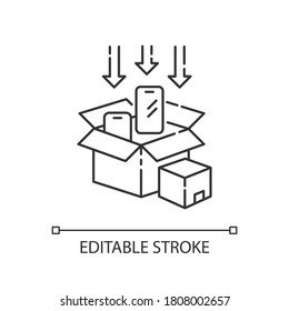 Packaging Pixel Perfect Linear Icon. Post Manufacturing, Production Packing Thin Line Customizable Illustration. Contour Symbol. Smartphones In Boxes Vector Isolated Outline Drawing. Editable Stroke