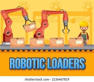 Packaging process concept with robotic loaders illustration