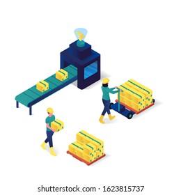 packaging process, final assembly stage. Robotic technology stacking boxes with produced merchandise 3d isometric vector illustration.