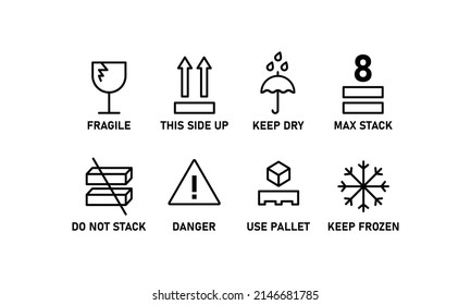 Packaging product line icon set. Fragile this side up max carton keep dry symbols. Cargo package sign. Vector illustration on white background