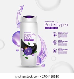 Packaging products Butterfly pea hair care design Bottles of shampoo. 