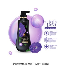 Packaging products Butterfly pea hair care design Bottles of shampoo. 