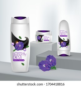 Packaging products Butterfly pea hair care design Bottles of shampoo. 