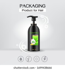 Packaging Products Hair Care Banner Design On Shampoo Bottle Template Background.