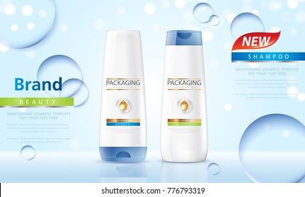 Packaging products hair care design Bottles of shampoo. Cosmetic for design on blue background. Vector illustration.