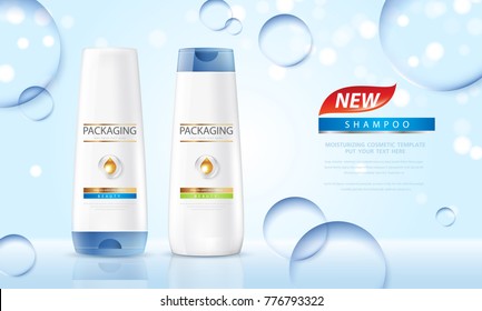 Packaging products hair care design Bottles of shampoo. Cosmetic for design on blue background. Vector illustration.