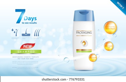 Packaging products hair care design Bottles of shampoo. Cosmetic for design on blue background. Vector illustration.