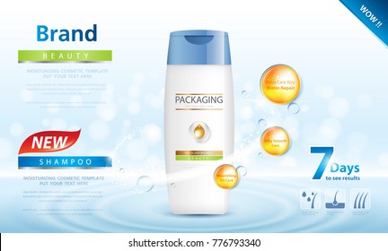 Packaging products hair care design Bottles of shampoo. Cosmetic for design on blue background. Vector illustration.