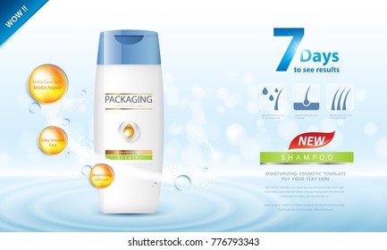 Packaging Products Hair Care Design Bottles Of Shampoo. Cosmetic For Design On Blue Background. Vector Illustration.