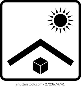 Un símbolo de protección del embalaje que muestre una caja bajo un techo con iconos de luz solar, indicando que el paquete debe estar protegido de la exposición directa al sol. Diseño plano simple, aislado en el fondo blanco. Vector editable adecuado para instrucciones de manejo, embalaje de materiales peligrosos, etiquetas de logística, señalización de almacenamiento y uso de impresión.