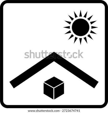 A packaging protection symbol showing a box under a roof with sunlight icons, indicating the package must be protected from direct sun exposure. Simple flat design, isolated on white background. Editable vector suitable for handling instructions, hazardous material packaging, logistics labels, storage signage, and print use.