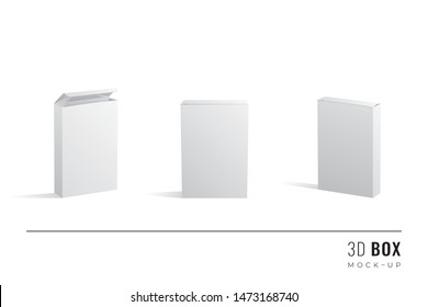 Packaging Quarter Length One and Half Height Box 3D Mockups Set of Isometric Open Closed and Frontal View Blank Templates - White Realistic Boxes on Similar Background - Vector Graphic Design