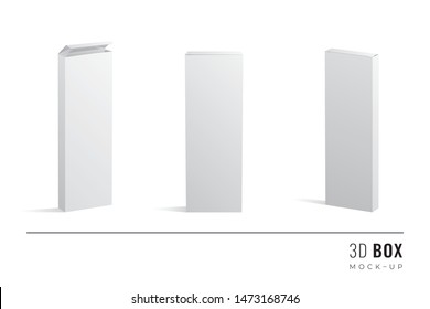 Packaging Quarter Length Triple Height Box 3D Mockups Set of Isometric Open Closed and Frontal View Blank Templates - White Realistic Boxes on Similar Background - Vector Graphic Design