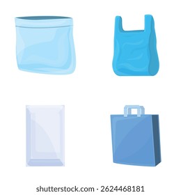 Ícones de reciclagem de embalagens definem o vetor de desenhos animados. Saco de plástico e recipiente de vácuo. Ecologia, proteção do ambiente
