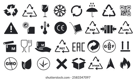 Packaging and recycling symbols. Food packaging warning signs, frozen products temperature storage, delivery and shipping standard. Vector safety icons isolated set.