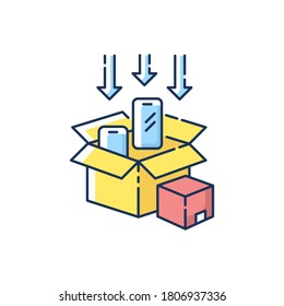 Packaging RGB color icon. Post manufacturing, production packing process. Delivery preparation, parcel packing. Smartphones in boxes isolated vector illustration