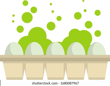 Packaging with rotten eggs. Green bubble steam and cloud over old food. Waves of unpleasant smell. Garbage, leftovers and trash. Cartoon flat illustration